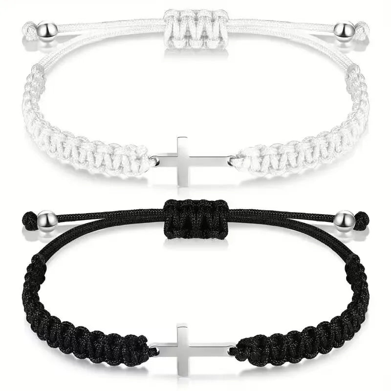 2 Pc Stainless Steel Cross Braided Rope Bracelet