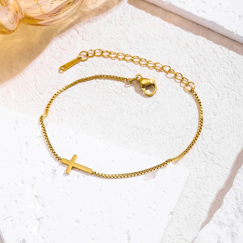 Stainless Steel Cross Bracelet for Women 18k Gold Plated