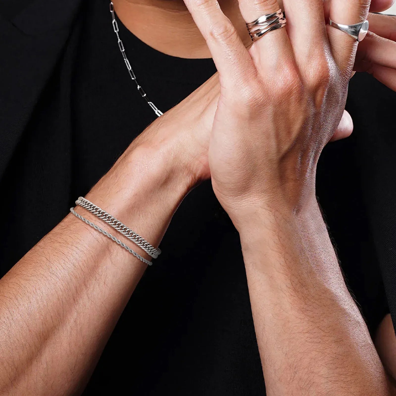 2pc Stainless Steel Rope Chain Bracelet Set