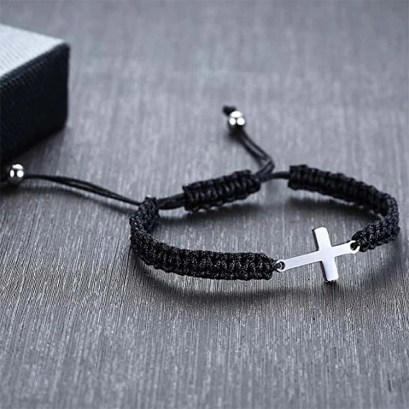 2 Pc Stainless Steel Cross Braided Rope Bracelet