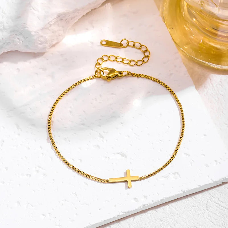 Stainless Steel Cross Bracelet for Women 18k Gold Plated