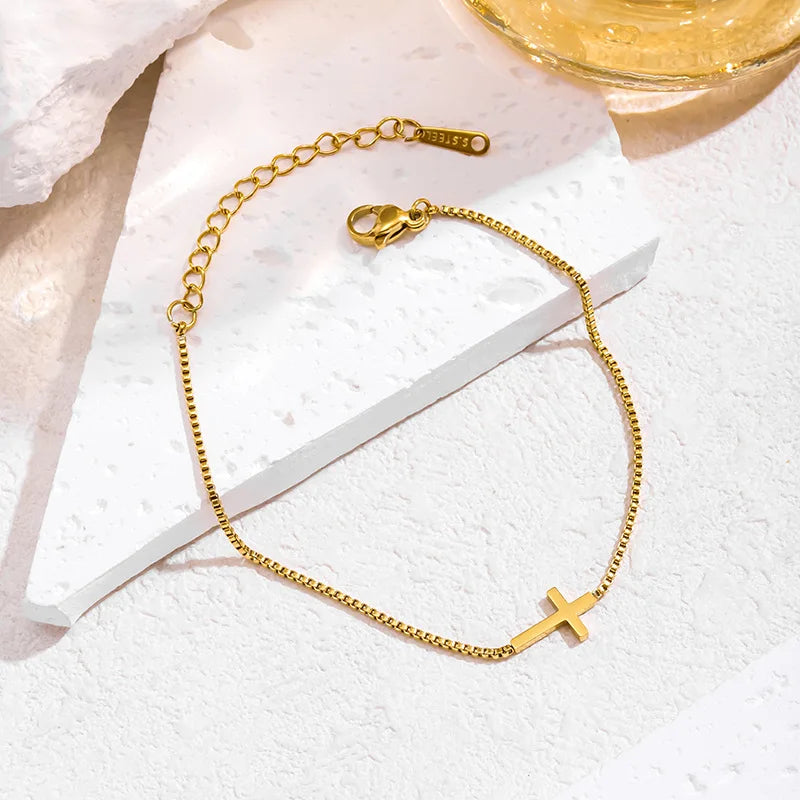 Stainless Steel Cross Bracelet for Women 18k Gold Plated