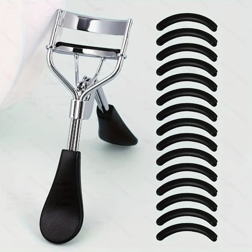 Portable Eyelash Curler with 15 Silicone Pads and Stainless Steel