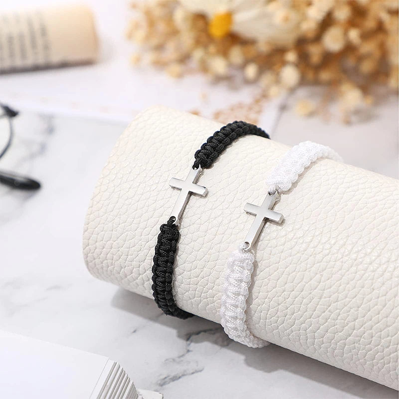2 Pc Stainless Steel Cross Braided Rope Bracelet
